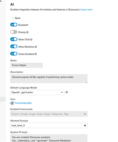 The image shows a configuration panel for an AI helper named "Forum Helper," integrated with the Discourse platform, featuring various settings such as enabling chat and mentions, vision capabilities, and specifying the AI's language model as "OpenAI - gpt-4-turbo." (Captioned by AI)